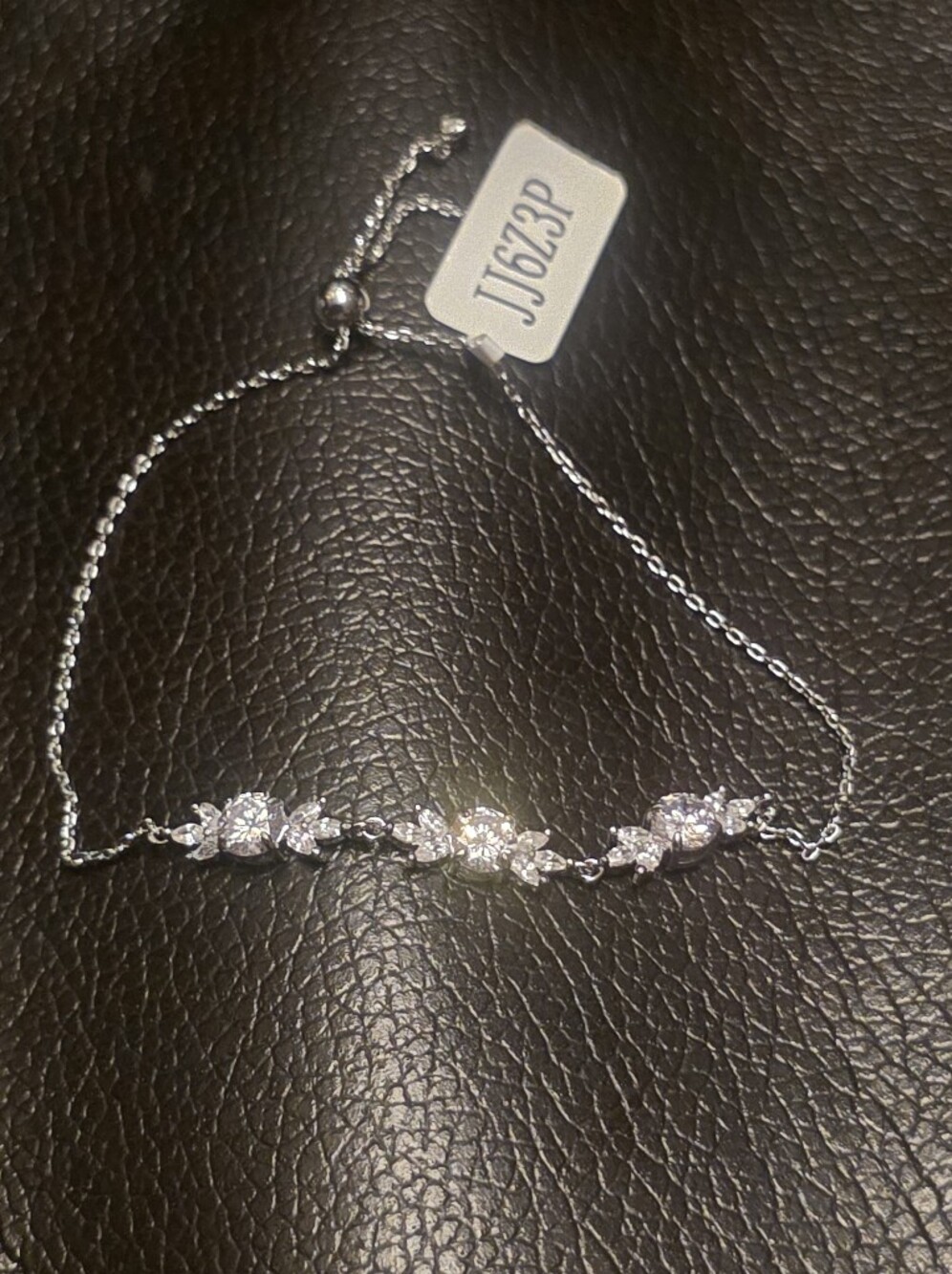 Silver Floral Cubic Zirconia Slide Adjustable Bracelet - White